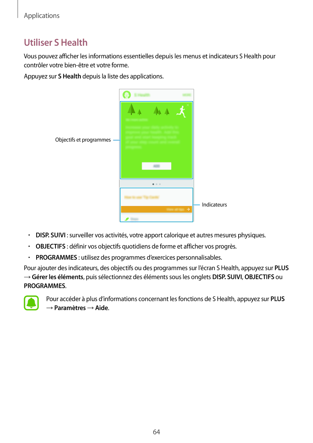 Samsung SM-G903FZKAXEF, SM-G903FZSAXEF, SM-G903FZDAXEF manual Utiliser S Health, Programmes 