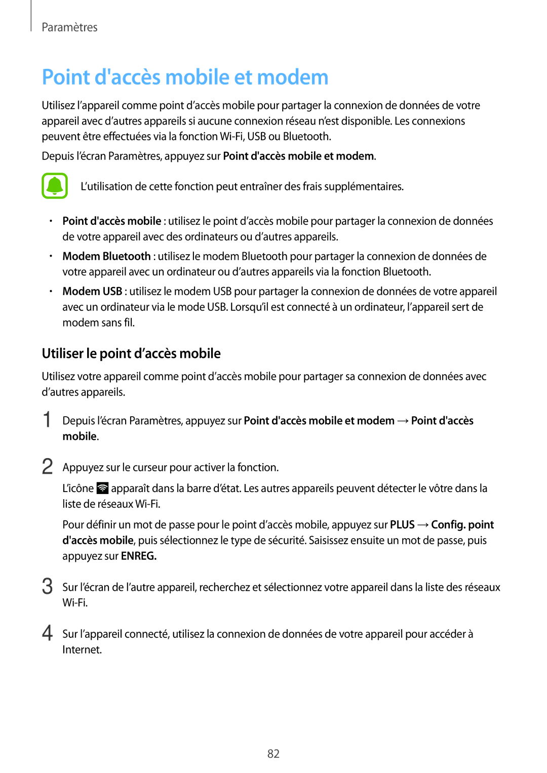 Samsung SM-G903FZKAXEF, SM-G903FZSAXEF, SM-G903FZDAXEF manual Point daccès mobile et modem, Utiliser le point d’accès mobile 