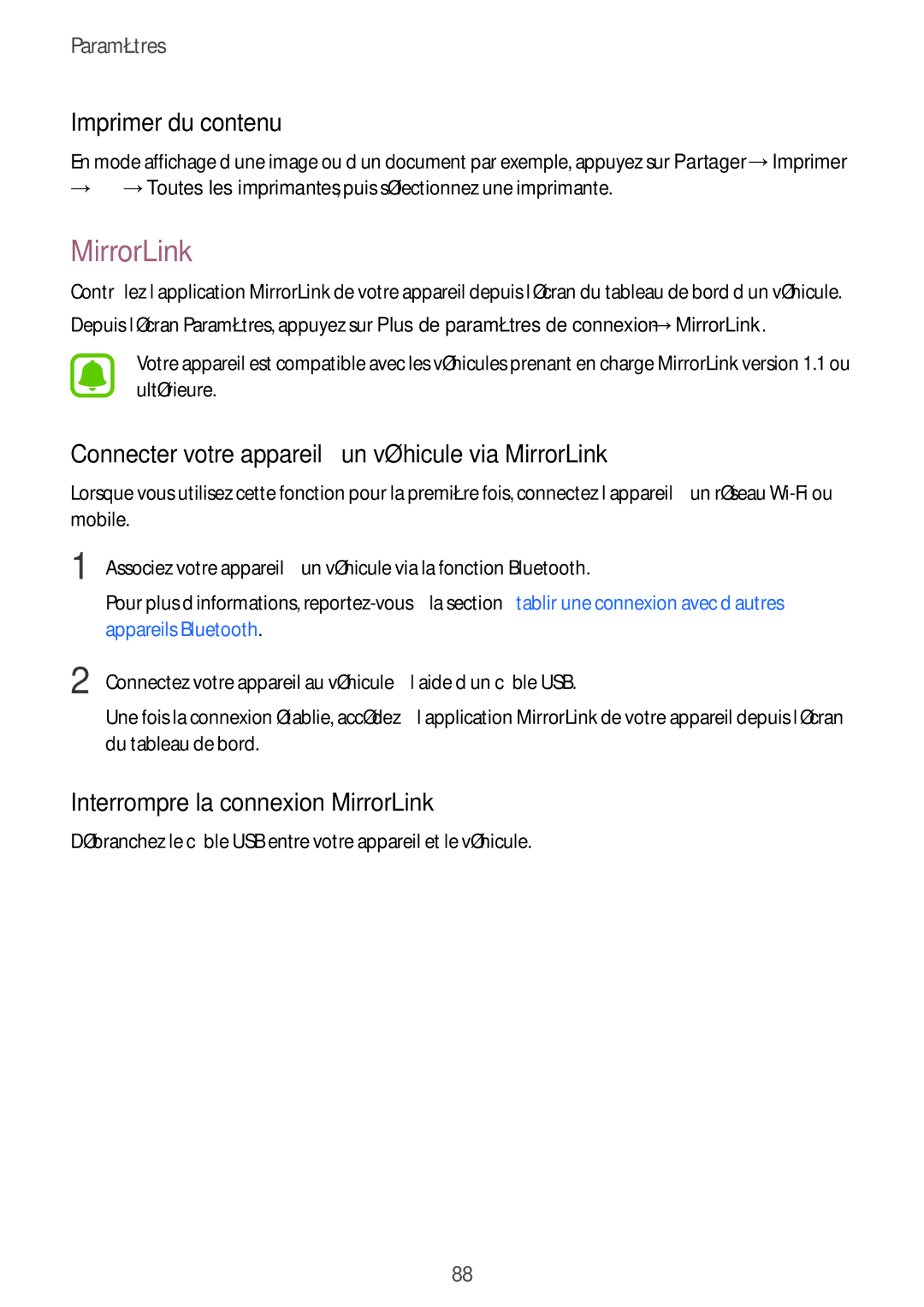 Samsung SM-G903FZKAXEF, SM-G903FZSAXEF manual Imprimer du contenu, Connecter votre appareil à un véhicule via MirrorLink 