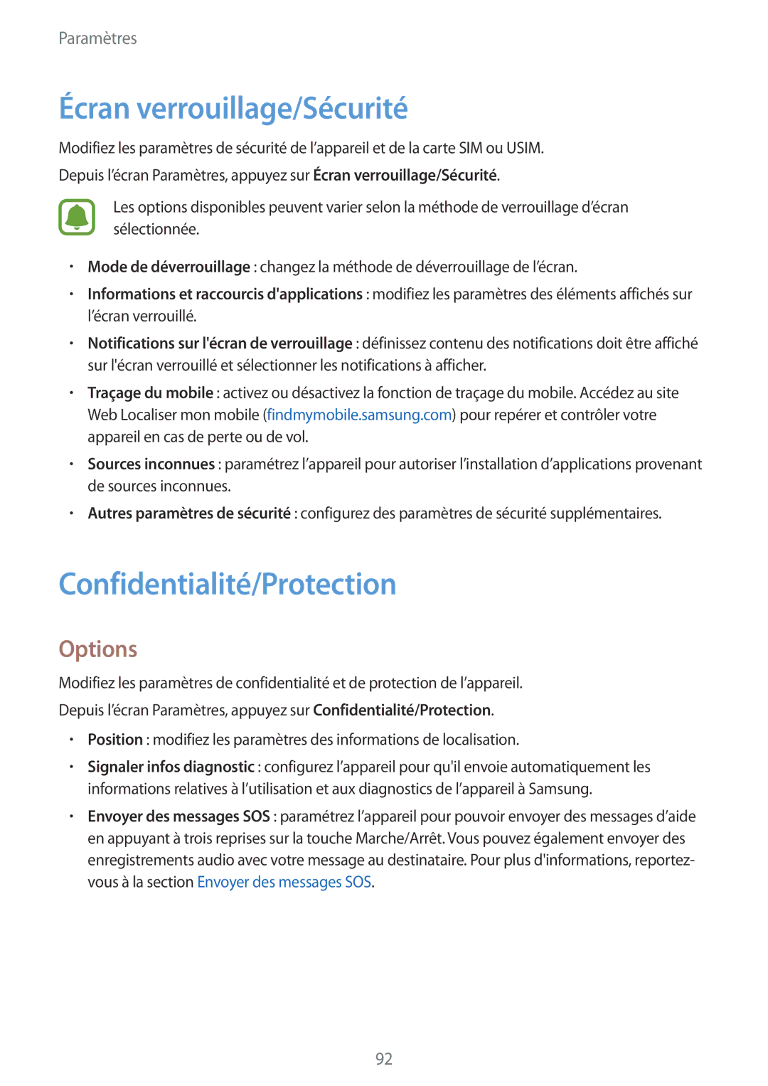 Samsung SM-G903FZDAXEF, SM-G903FZSAXEF, SM-G903FZKAXEF manual Écran verrouillage/Sécurité, Confidentialité/Protection 