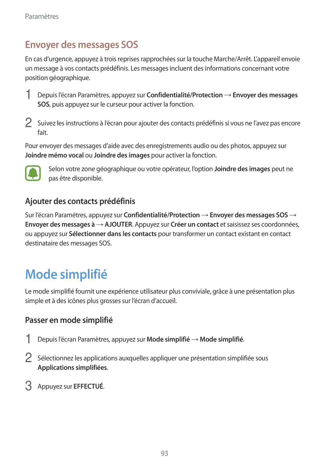 Samsung SM-G903FZSAXEF Mode simplifié, Envoyer des messages SOS, Ajouter des contacts prédéfinis, Passer en mode simplifié 