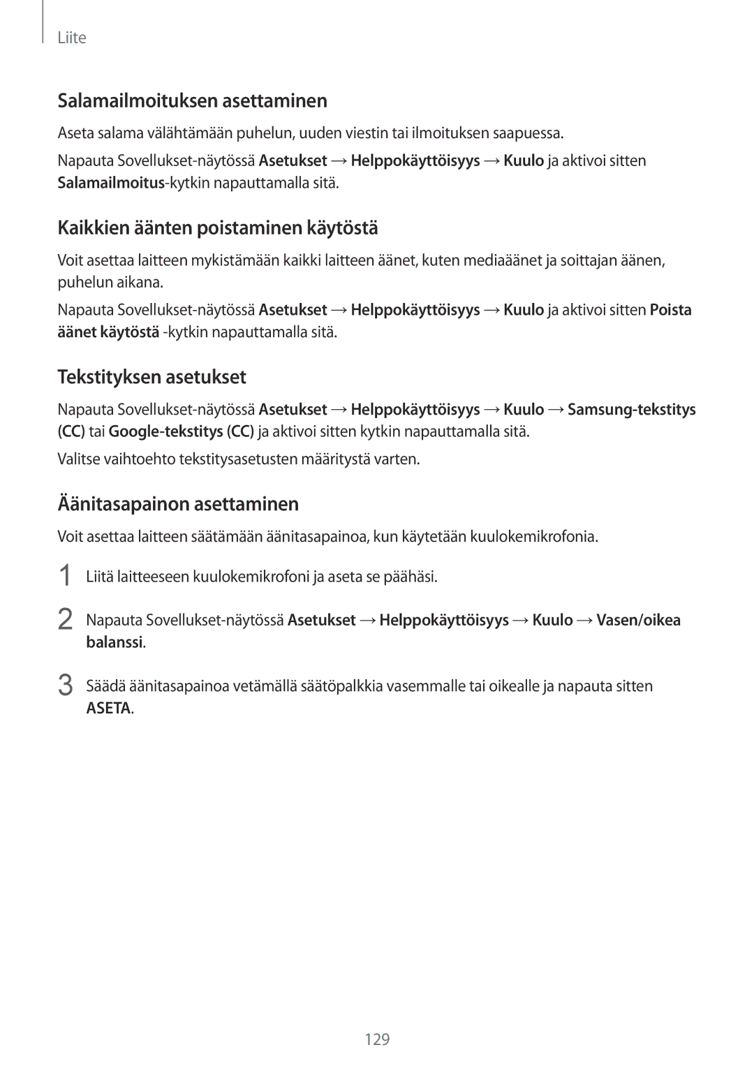 Samsung SM-G920FZKANEE manual Salamailmoituksen asettaminen, Kaikkien äänten poistaminen käytöstä, Tekstityksen asetukset 