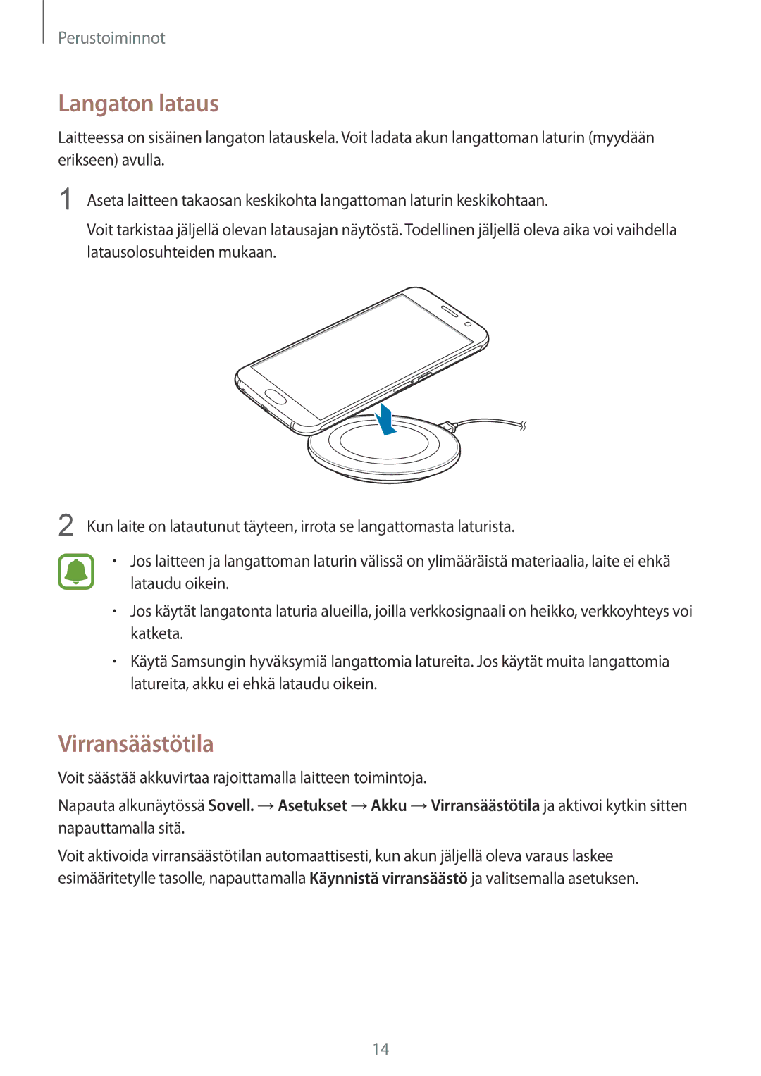 Samsung SM-G920FZKFNEE, SM-G920FZBANEE, SM-G920FZWANEE, SM-G920FZKANEE, SM-G920FZWFNEE manual Langaton lataus, Virransäästötila 