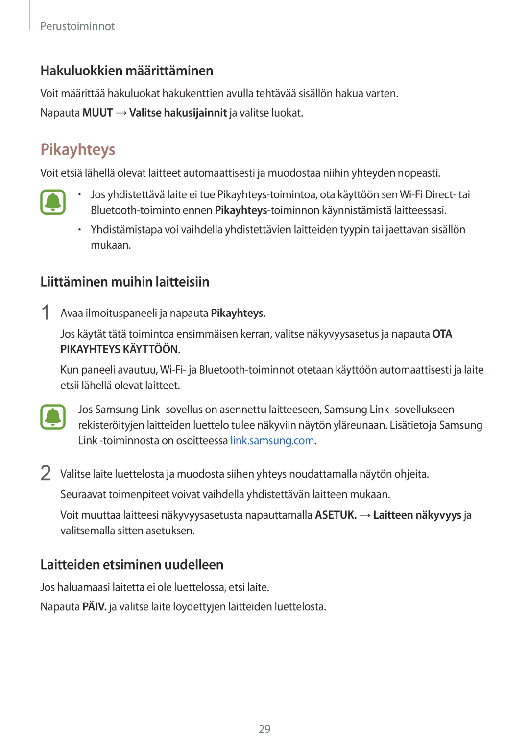 Samsung SM-G920FZDANEE, SM-G920FZBANEE manual Pikayhteys, Hakuluokkien määrittäminen, Liittäminen muihin laitteisiin 