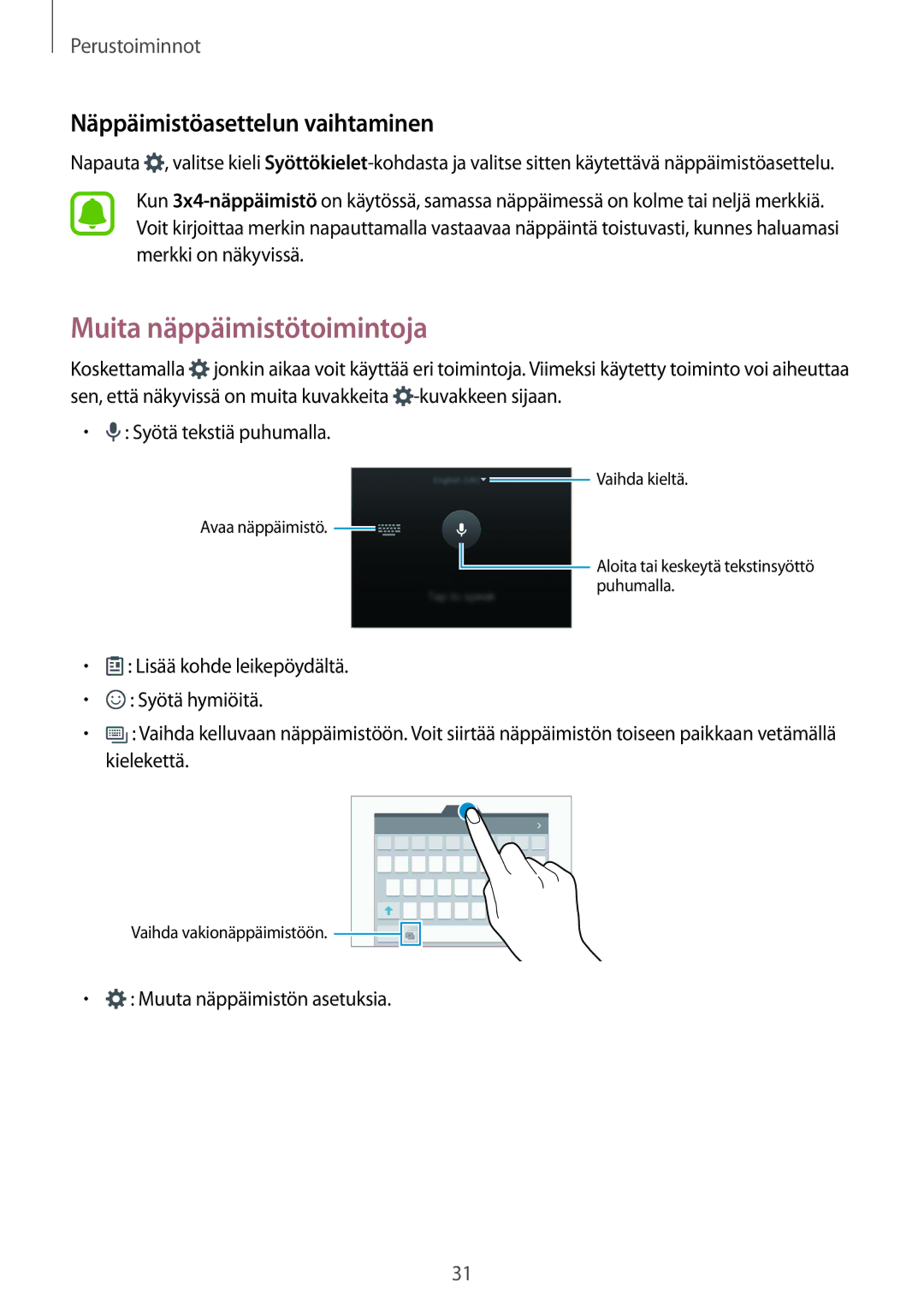 Samsung SM-G920FZWANEE, SM-G920FZBANEE, SM-G920FZKFNEE manual Muita näppäimistötoimintoja, Näppäimistöasettelun vaihtaminen 