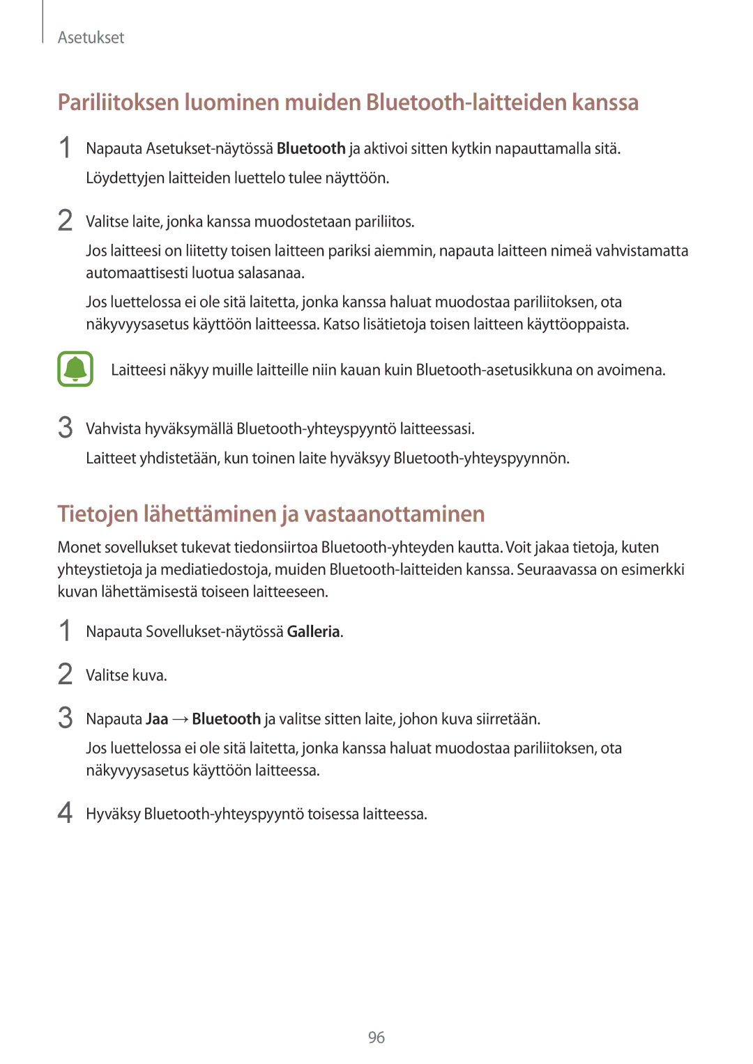 Samsung SM-G920FZBANEE, SM-G920FZWANEE, SM-G920FZKFNEE manual Pariliitoksen luominen muiden Bluetooth-laitteiden kanssa 