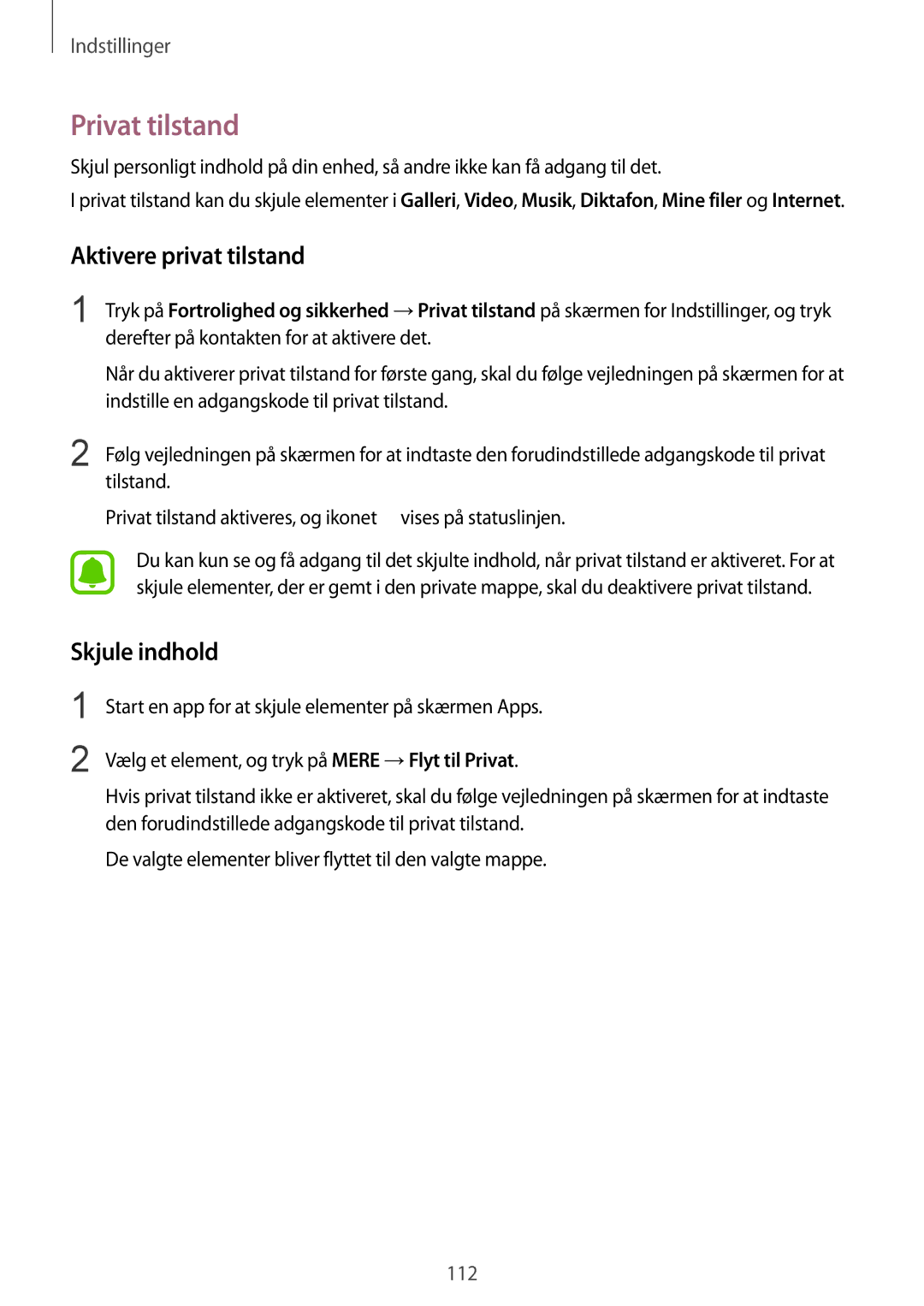 Samsung SM-G920FZWFNEE, SM-G920FZBANEE, SM-G920FZWANEE manual Privat tilstand, Aktivere privat tilstand, Skjule indhold 