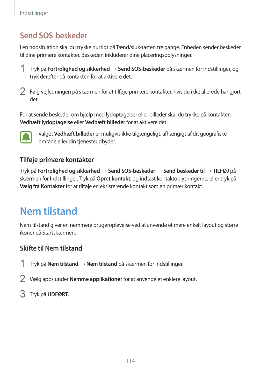 Samsung SM-G920FZBANEE, SM-G920FZWANEE manual Send SOS-beskeder, Tilføje primære kontakter, Skifte til Nem tilstand 