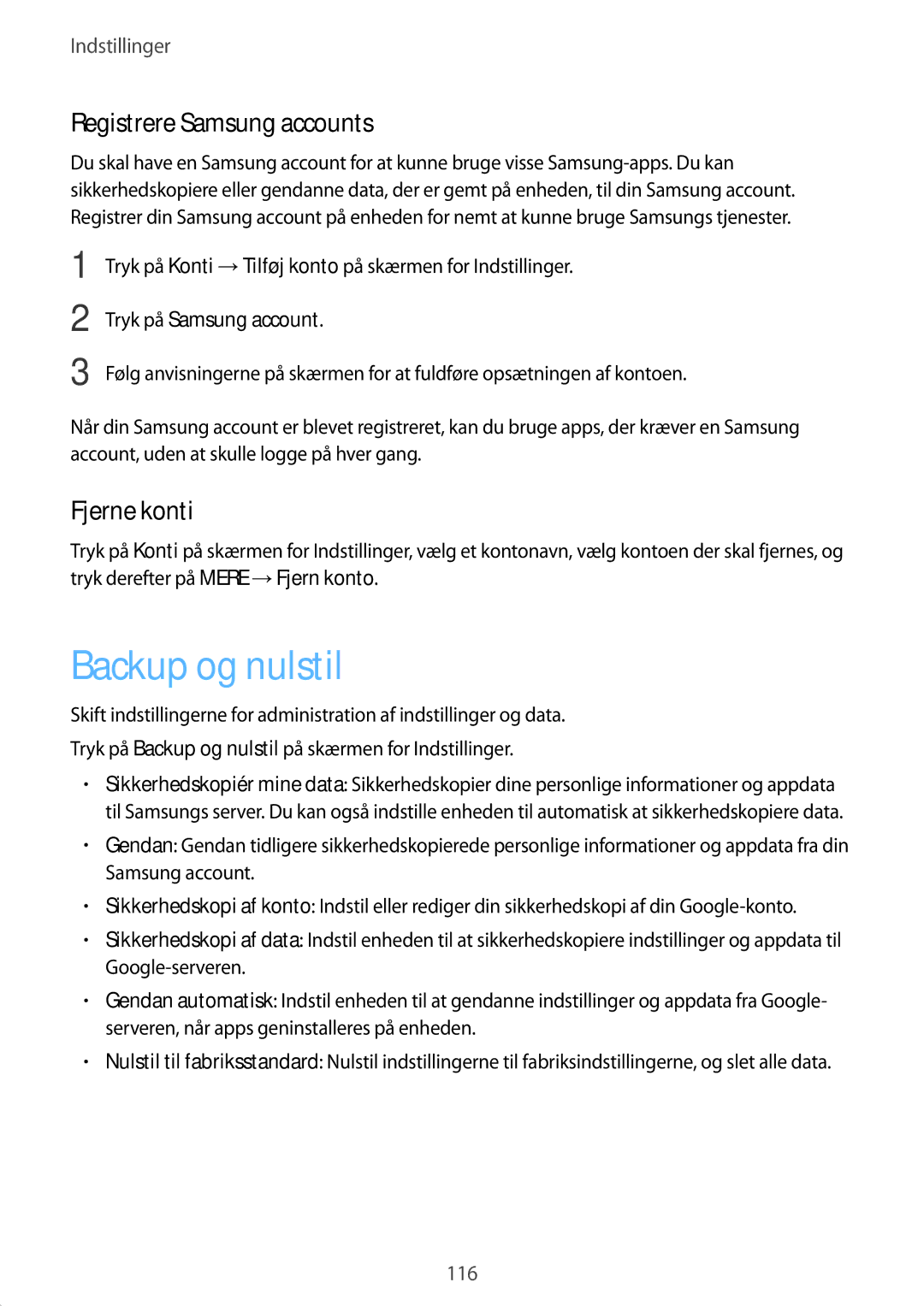 Samsung SM-G920FZKFNEE manual Backup og nulstil, Registrere Samsung accounts, Fjerne konti, Tryk på Samsung account 