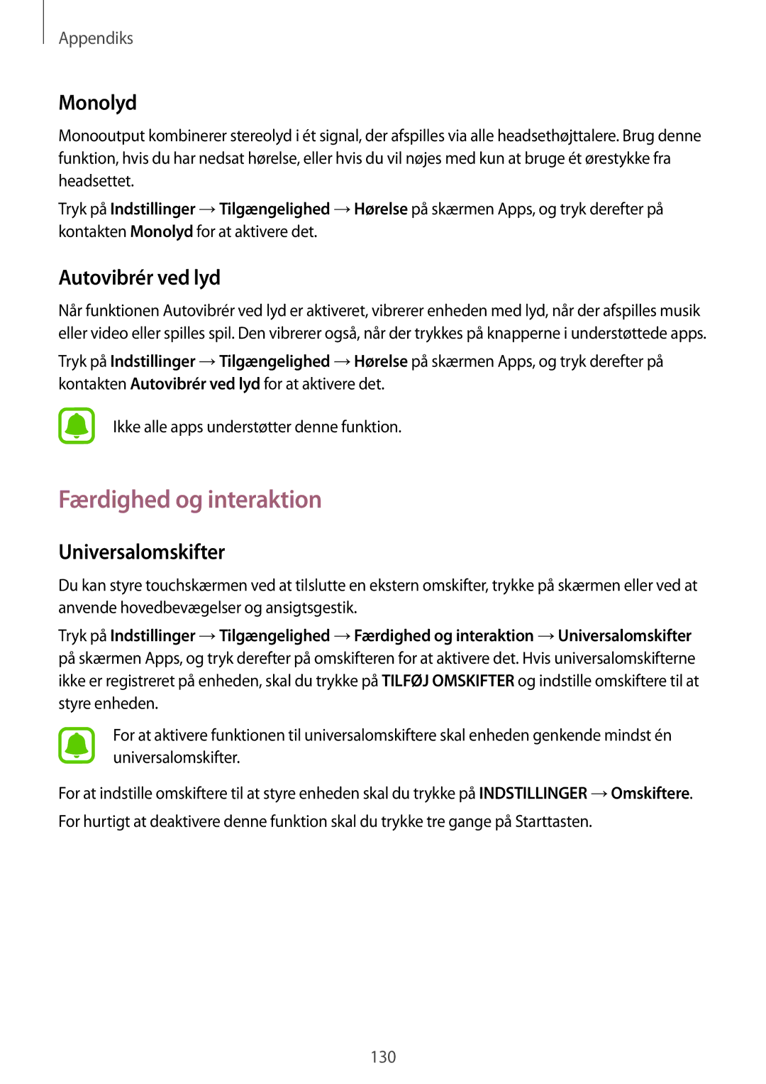 Samsung SM-G920FZWFNEE, SM-G920FZBANEE manual Færdighed og interaktion, Monolyd, Autovibrér ved lyd, Universalomskifter 