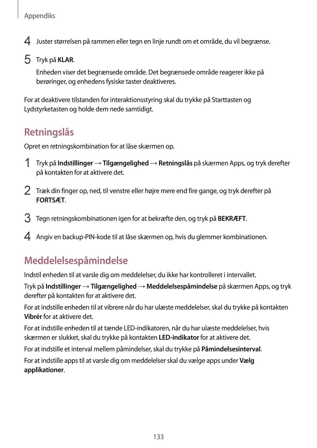 Samsung SM-G920FZWANEE manual Retningslås, Meddelelsespåmindelse, Opret en retningskombination for at låse skærmen op 