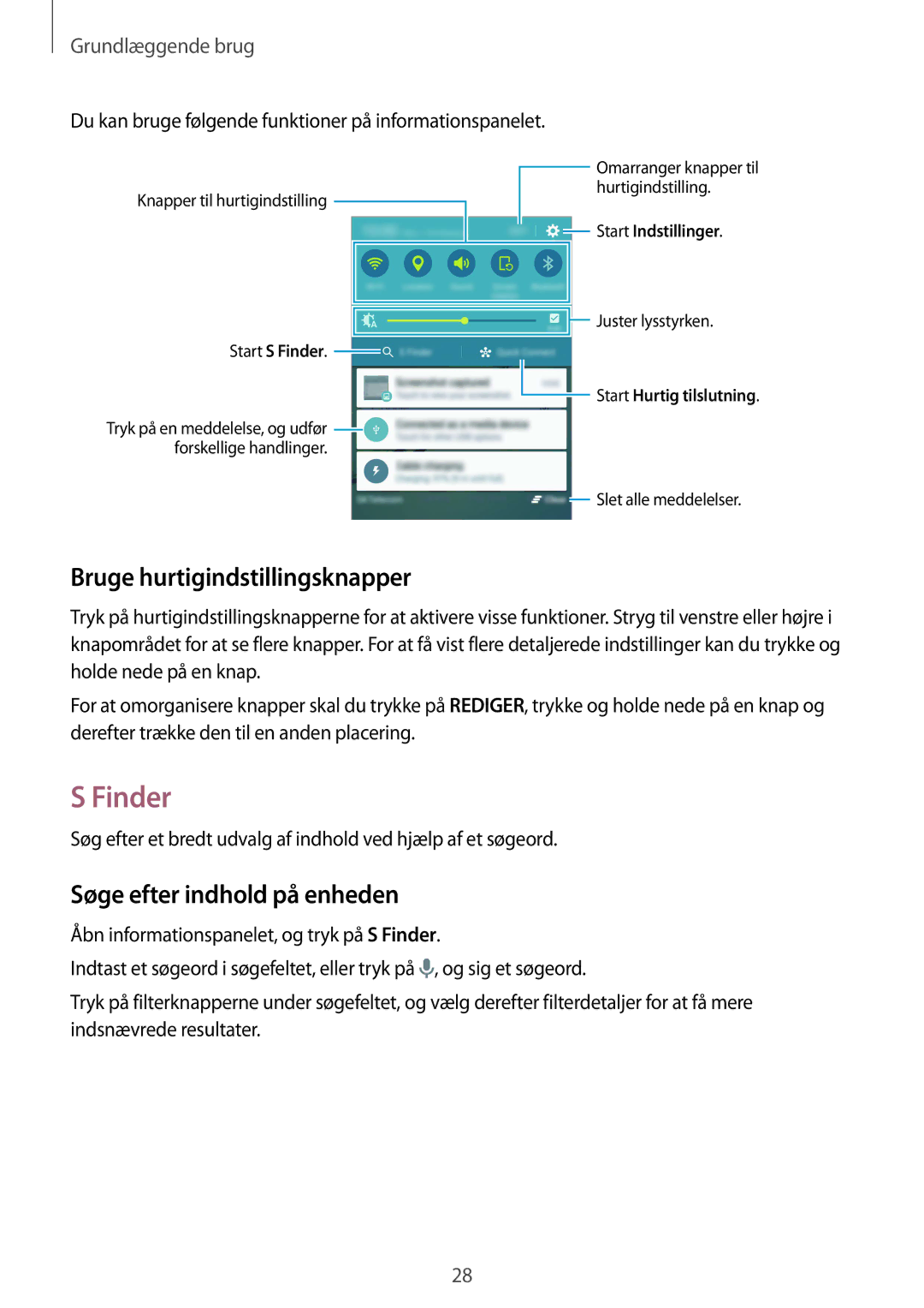 Samsung SM-G920FZWFNEE, SM-G920FZBANEE manual Finder, Bruge hurtigindstillingsknapper, Søge efter indhold på enheden 