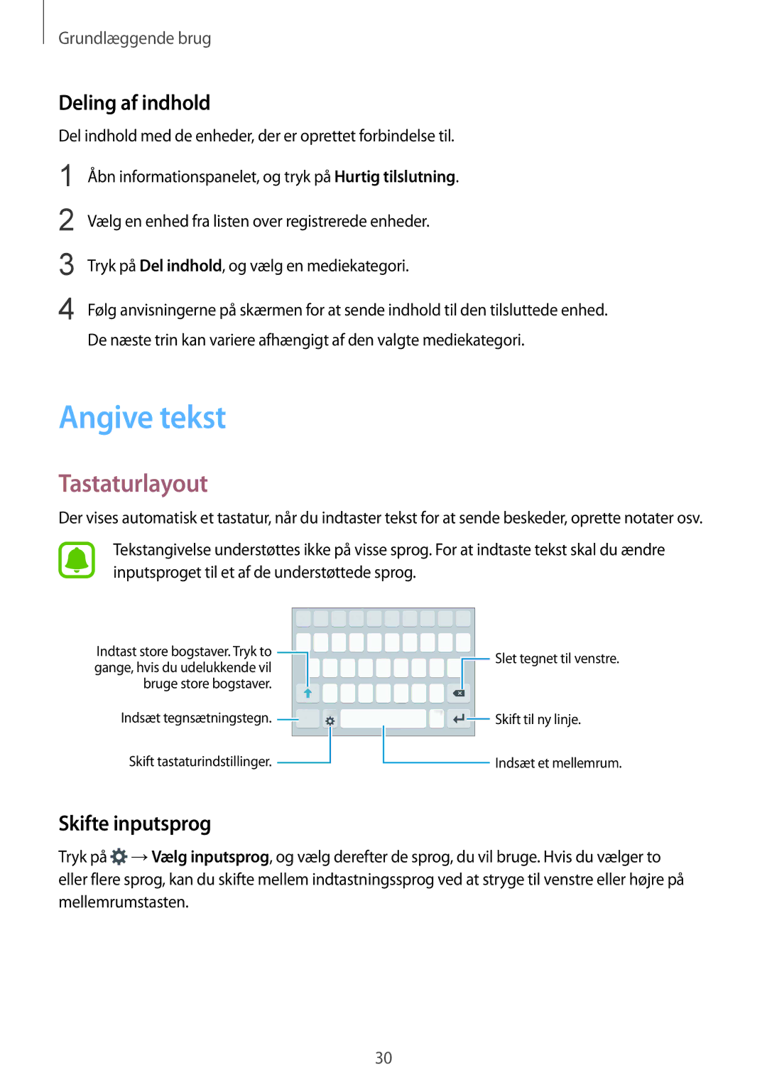 Samsung SM-G920FZBANEE, SM-G920FZWANEE, SM-G920FZKFNEE Angive tekst, Tastaturlayout, Deling af indhold, Skifte inputsprog 