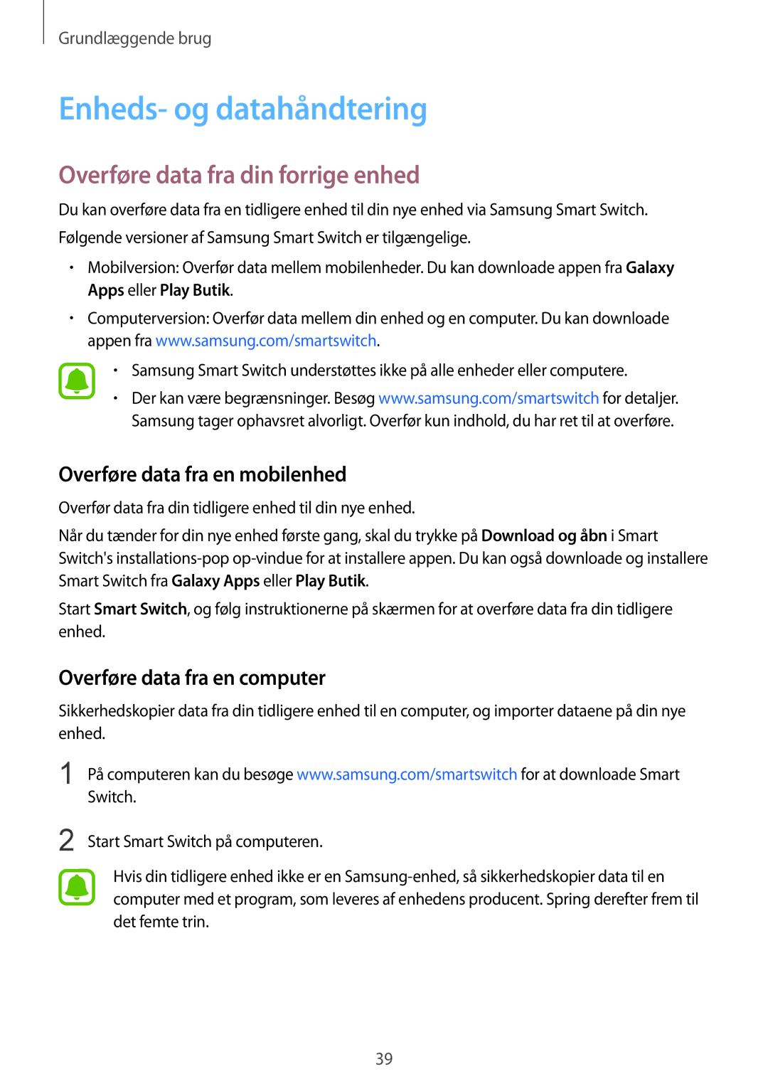 Samsung SM-G920FZKANEE Enheds- og datahåndtering, Overføre data fra din forrige enhed, Overføre data fra en mobilenhed 