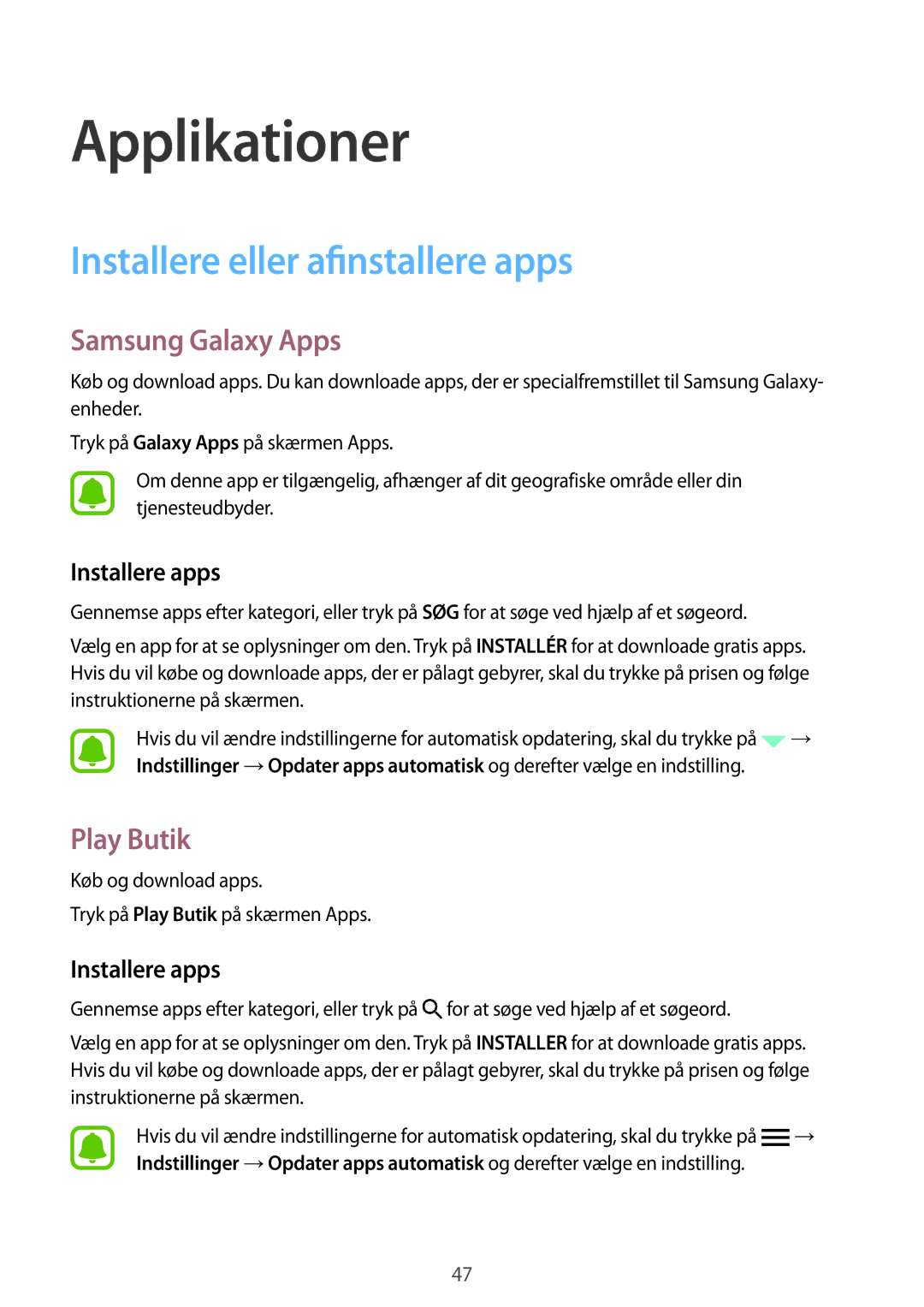 Samsung SM-G920FZDANEE manual Installere eller afinstallere apps, Samsung Galaxy Apps, Play Butik, Installere apps 