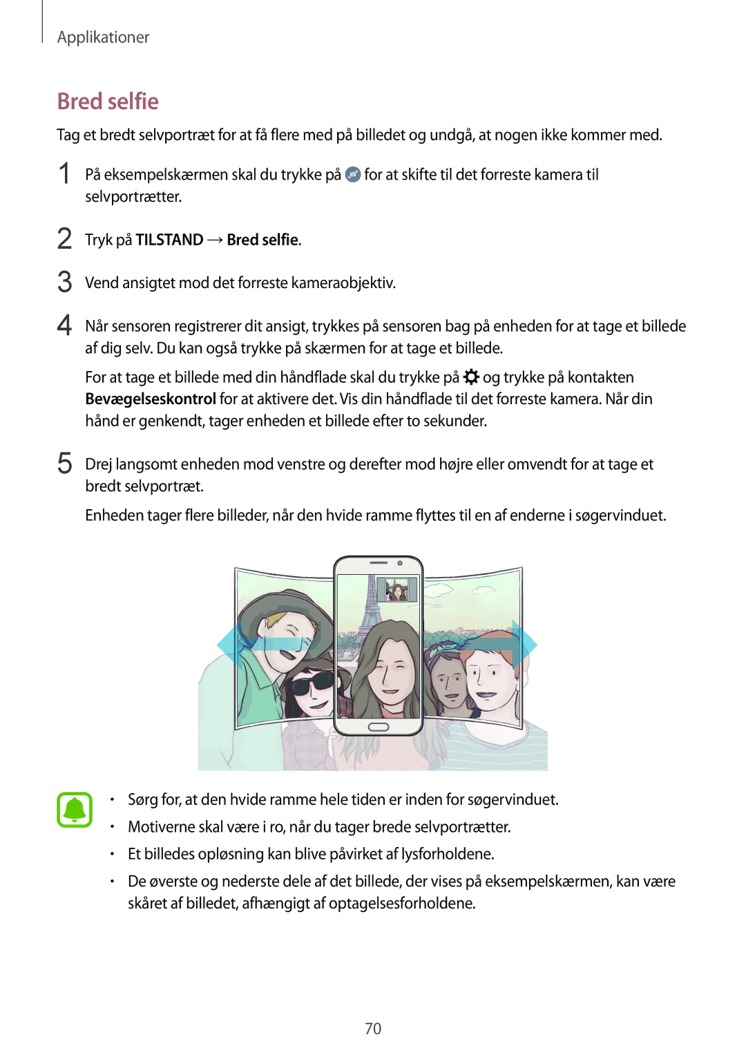 Samsung SM-G920FZWFNEE, SM-G920FZBANEE, SM-G920FZWANEE, SM-G920FZKFNEE, SM-G920FZKANEE manual Tryk på Tilstand →Bred selfie 