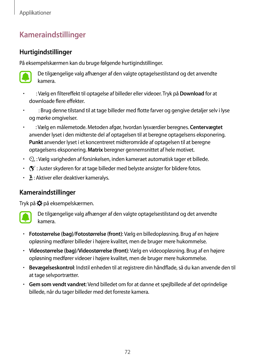 Samsung SM-G920FZBANEE, SM-G920FZWANEE, SM-G920FZKFNEE, SM-G920FZKANEE manual Kameraindstillinger, Hurtigindstillinger 