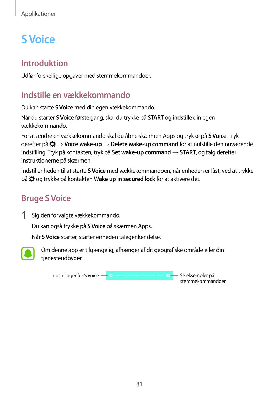 Samsung SM-G920FZKANEE manual Indstille en vækkekommando, Bruge S Voice, Udfør forskellige opgaver med stemmekommandoer 