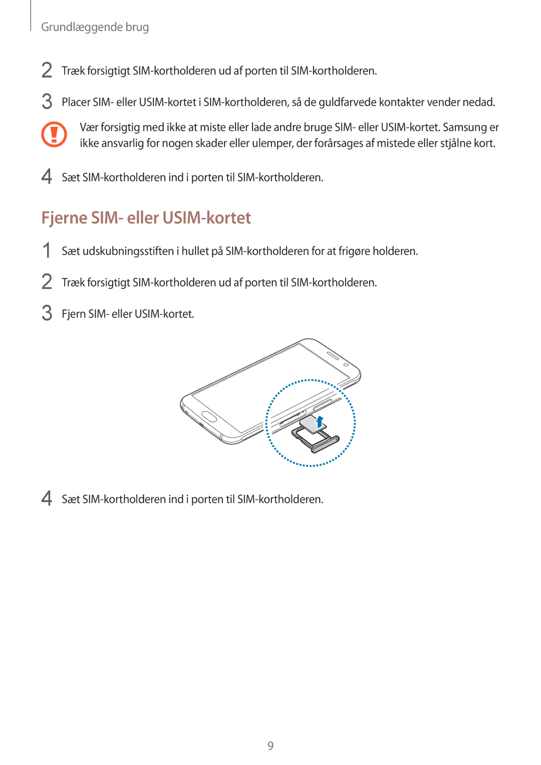 Samsung SM-G920FZKANEE manual Fjerne SIM- eller USIM-kortet, Sæt SIM-kortholderen ind i porten til SIM-kortholderen 