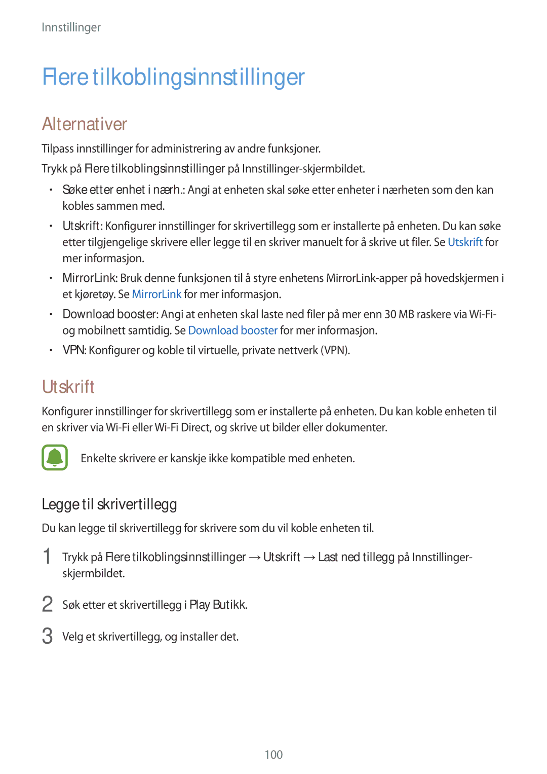Samsung SM-G920FZWFNEE, SM-G920FZBANEE Flere tilkoblingsinnstillinger, Alternativer, Utskrift, Legge til skrivertillegg 