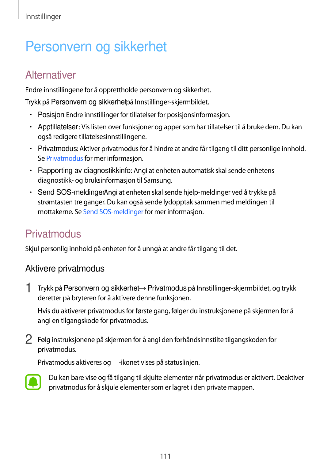 Samsung SM-G920FZKANEE, SM-G920FZBANEE, SM-G920FZWANEE manual Personvern og sikkerhet, Privatmodus, Aktivere privatmodus 