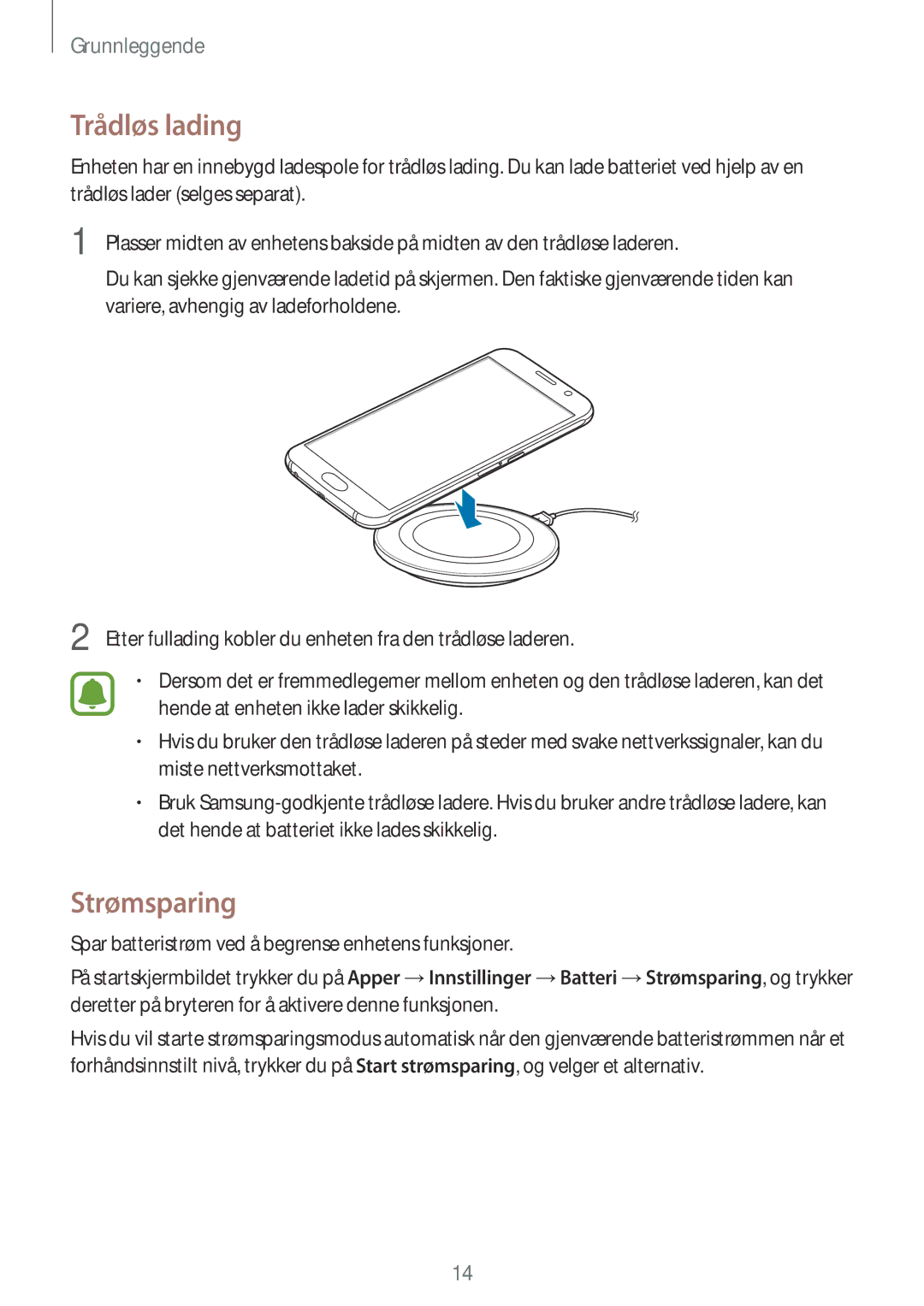 Samsung SM-G920FZKFNEE, SM-G920FZBANEE, SM-G920FZWANEE, SM-G920FZKANEE, SM-G920FZWFNEE manual Trådløs lading, Strømsparing 