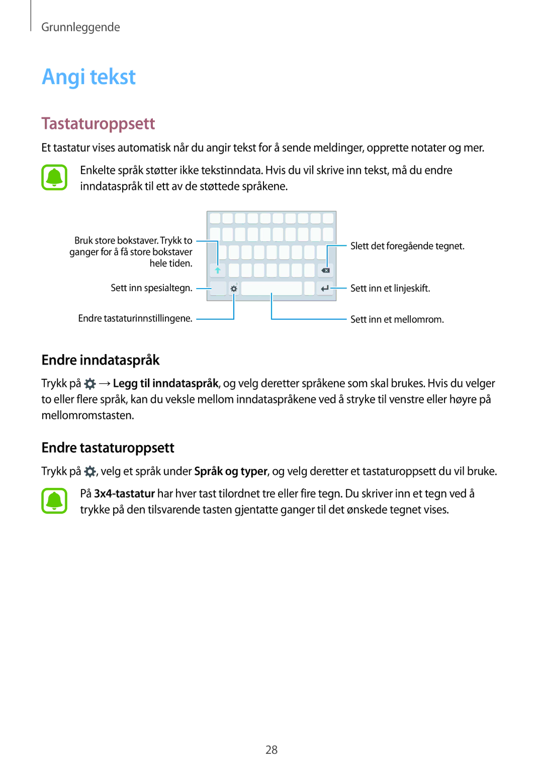 Samsung SM-G920FZWFNEE, SM-G920FZBANEE manual Angi tekst, Tastaturoppsett, Endre inndataspråk, Endre tastaturoppsett 