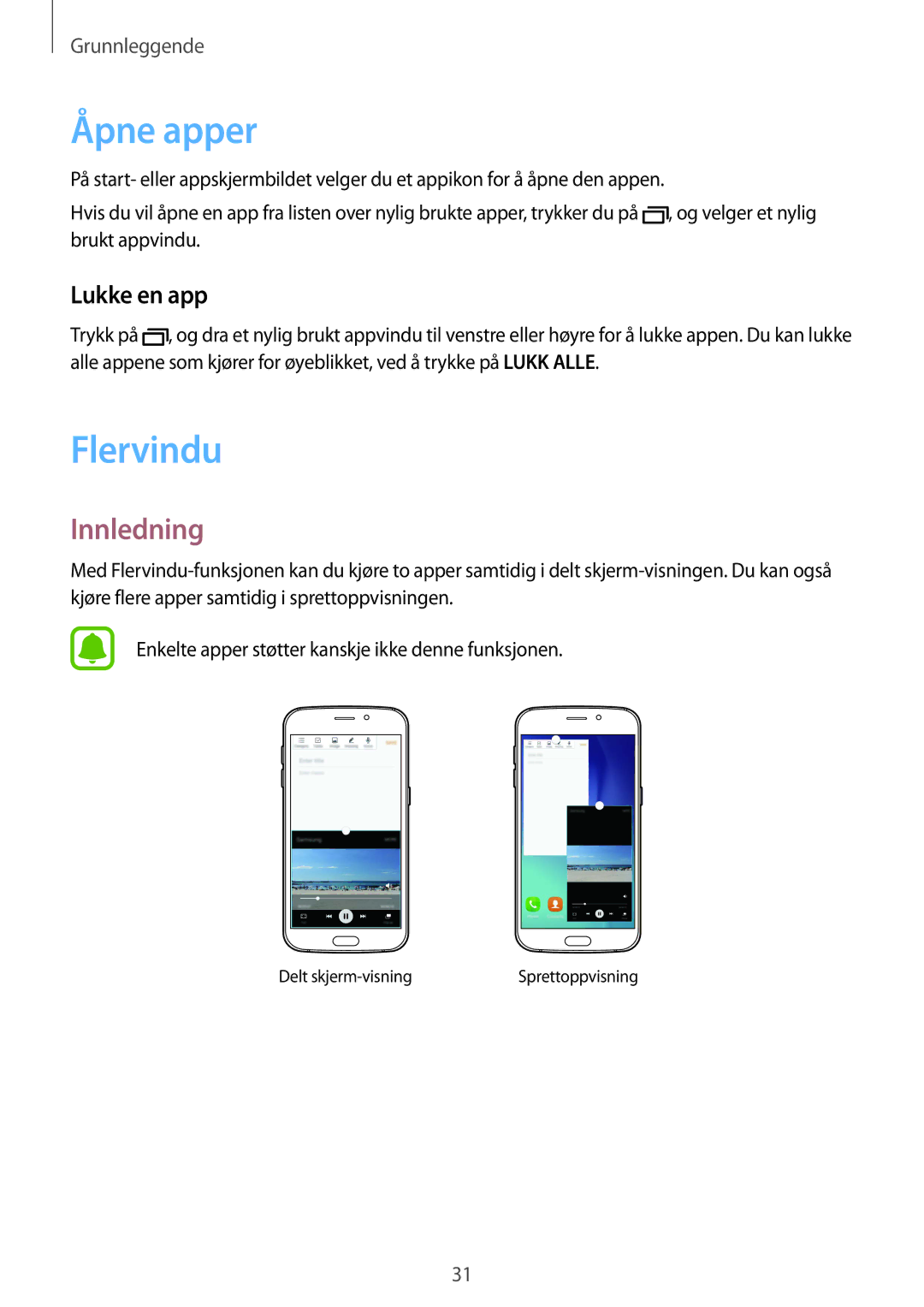 Samsung SM-G920FZWANEE, SM-G920FZBANEE, SM-G920FZKFNEE, SM-G920FZKANEE manual Åpne apper, Flervindu, Innledning, Lukke en app 