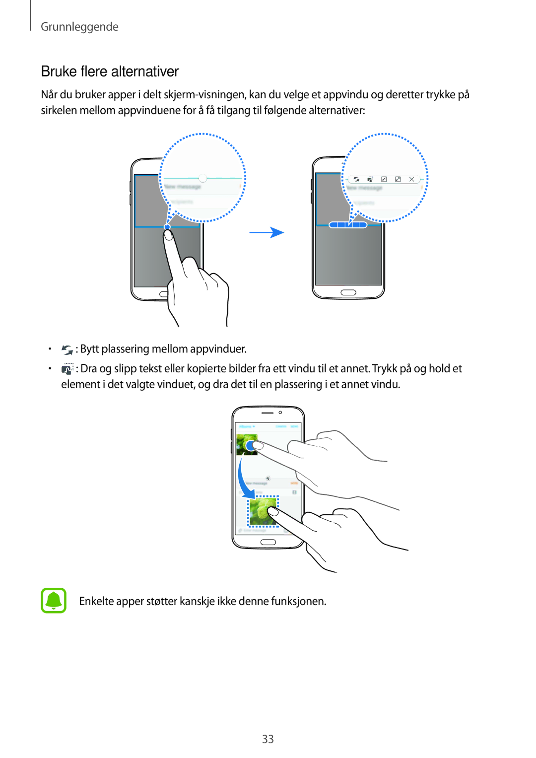 Samsung SM-G920FZKANEE, SM-G920FZBANEE, SM-G920FZWANEE manual Bruke flere alternativer, Bytt plassering mellom appvinduer 