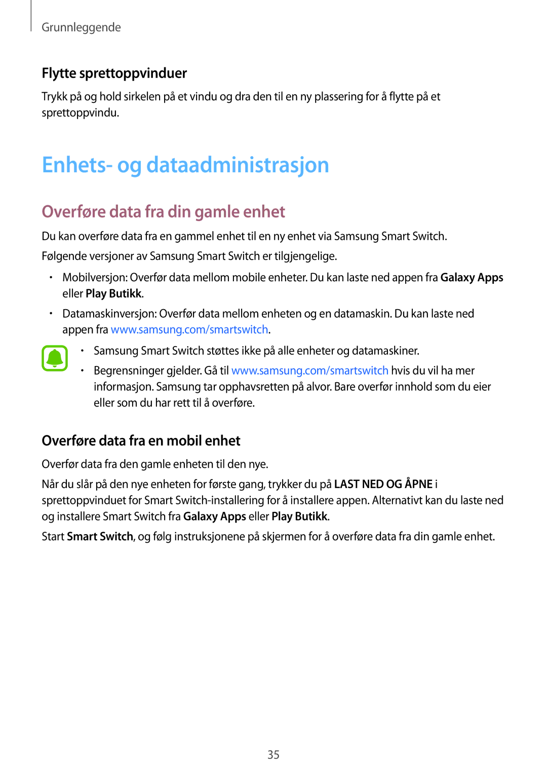 Samsung SM-G920FZDANEE manual Enhets- og dataadministrasjon, Overføre data fra din gamle enhet, Flytte sprettoppvinduer 