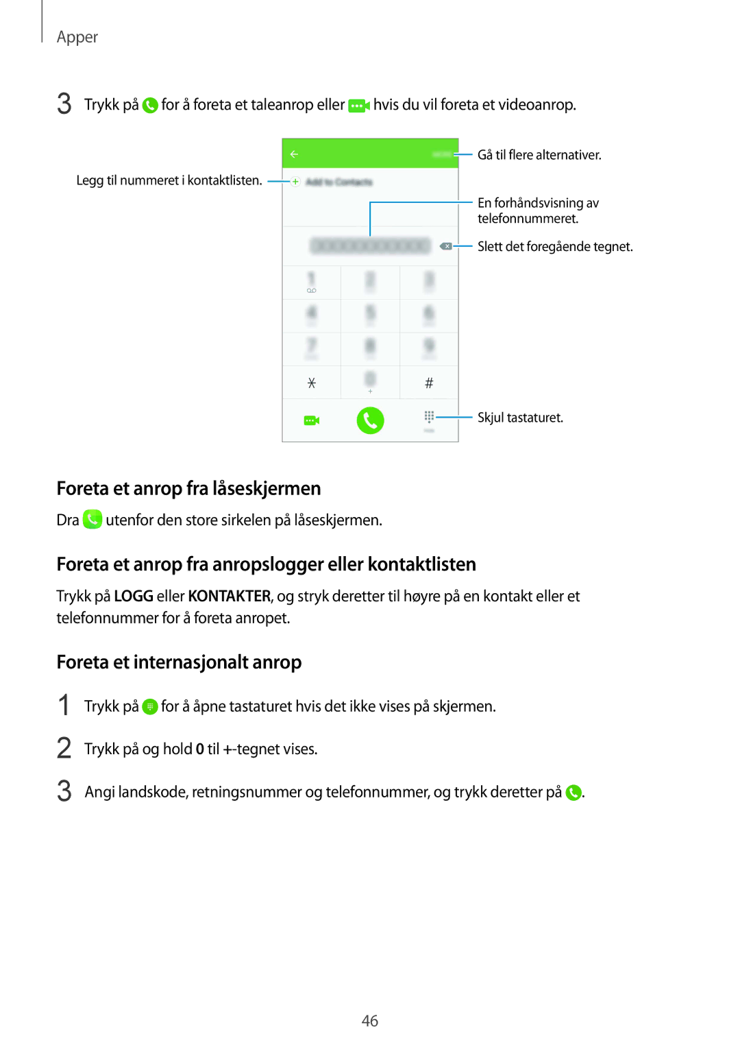 Samsung SM-G920FZWFNEE manual Foreta et anrop fra låseskjermen, Foreta et anrop fra anropslogger eller kontaktlisten 