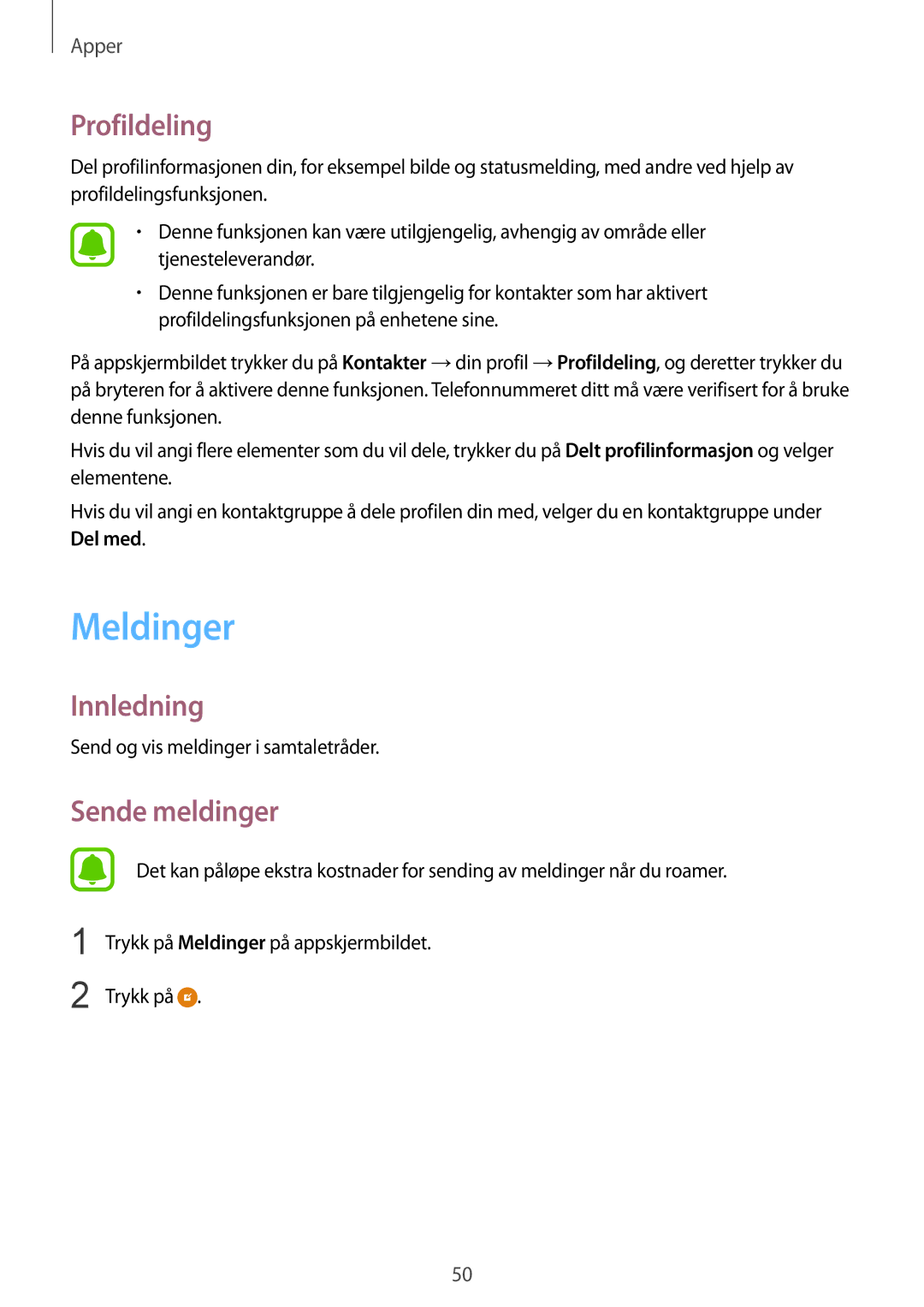 Samsung SM-G920FZKFNEE, SM-G920FZBANEE, SM-G920FZWANEE, SM-G920FZKANEE manual Meldinger, Profildeling, Sende meldinger 