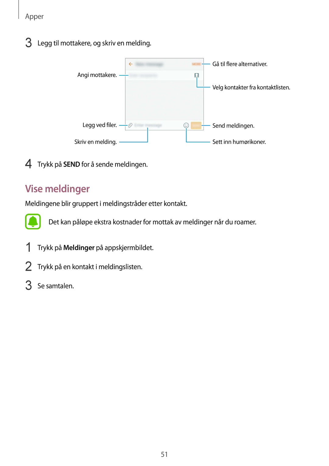 Samsung SM-G920FZKANEE, SM-G920FZBANEE, SM-G920FZWANEE manual Vise meldinger, Legg til mottakere, og skriv en melding 