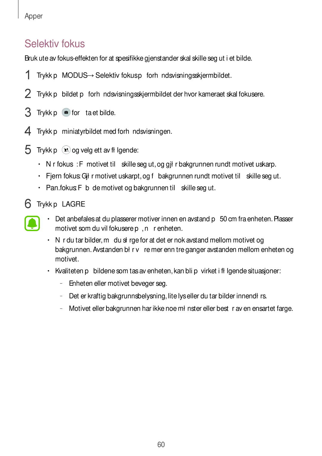 Samsung SM-G920FZBANEE, SM-G920FZWANEE, SM-G920FZKFNEE, SM-G920FZKANEE, SM-G920FZWFNEE, SM-G920FZDANEE manual Selektiv fokus 