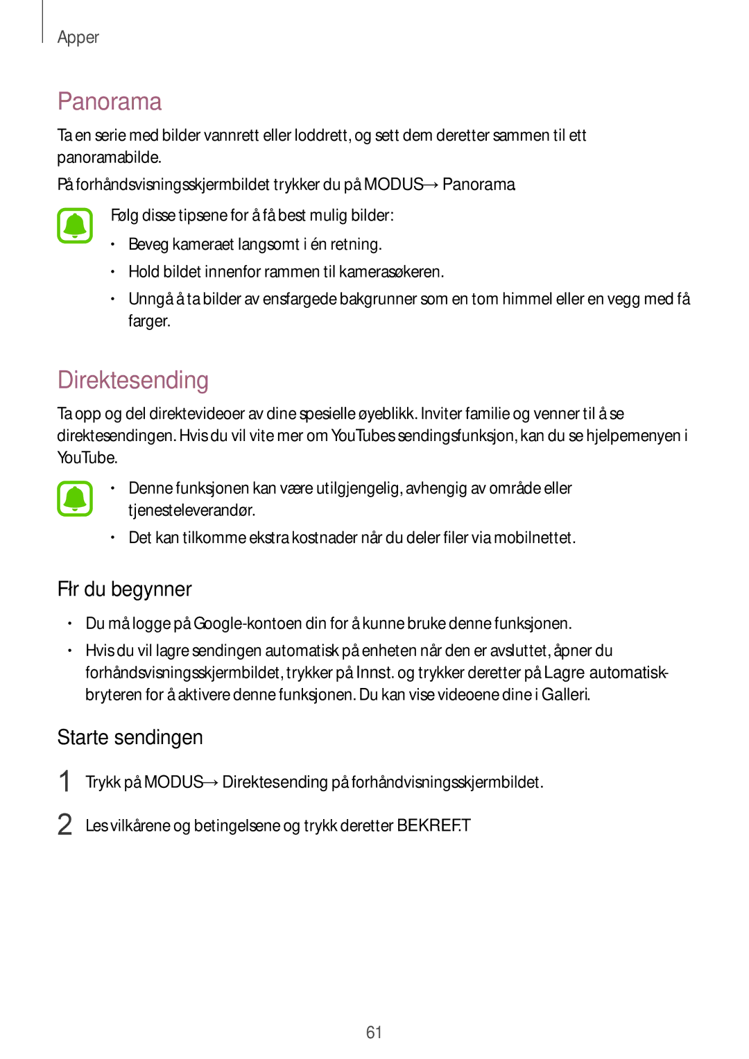 Samsung SM-G920FZWANEE, SM-G920FZBANEE, SM-G920FZKFNEE manual Panorama, Direktesending, Før du begynner, Starte sendingen 