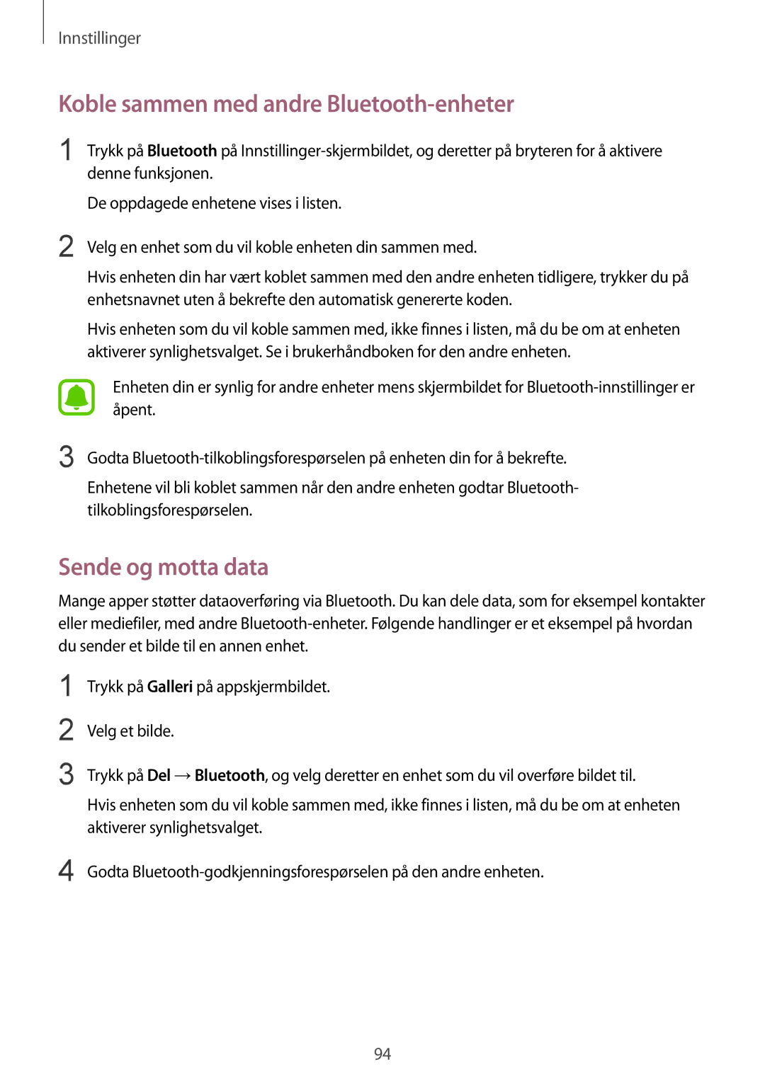 Samsung SM-G920FZWFNEE, SM-G920FZBANEE, SM-G920FZWANEE manual Koble sammen med andre Bluetooth-enheter, Sende og motta data 