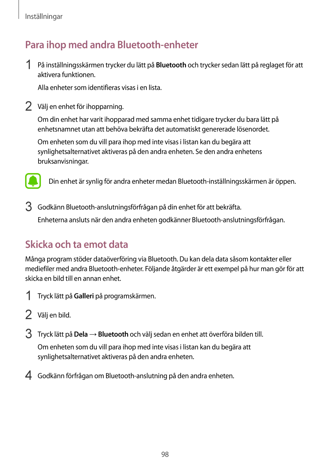 Samsung SM-G920FZKFNEE, SM-G920FZBANEE, SM-G920FZWANEE manual Para ihop med andra Bluetooth-enheter, Skicka och ta emot data 