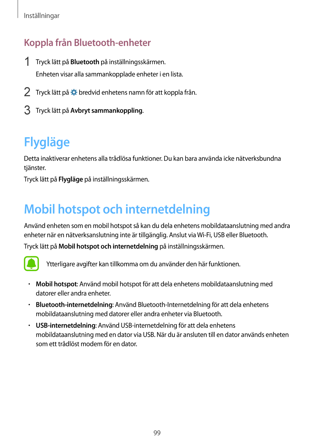 Samsung SM-G920FZKANEE, SM-G920FZBANEE manual Flygläge, Mobil hotspot och internetdelning, Koppla från Bluetooth-enheter 