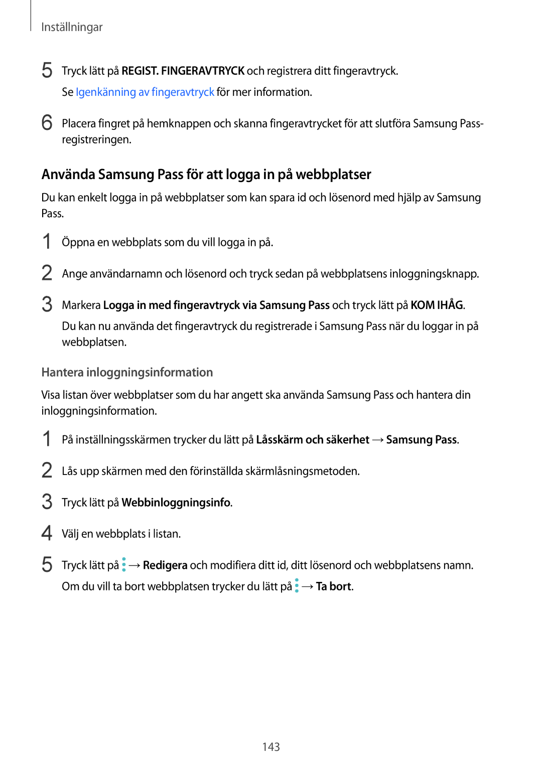 Samsung SM-G920FZDANEE manual Använda Samsung Pass för att logga in på webbplatser, Hantera inloggningsinformation 