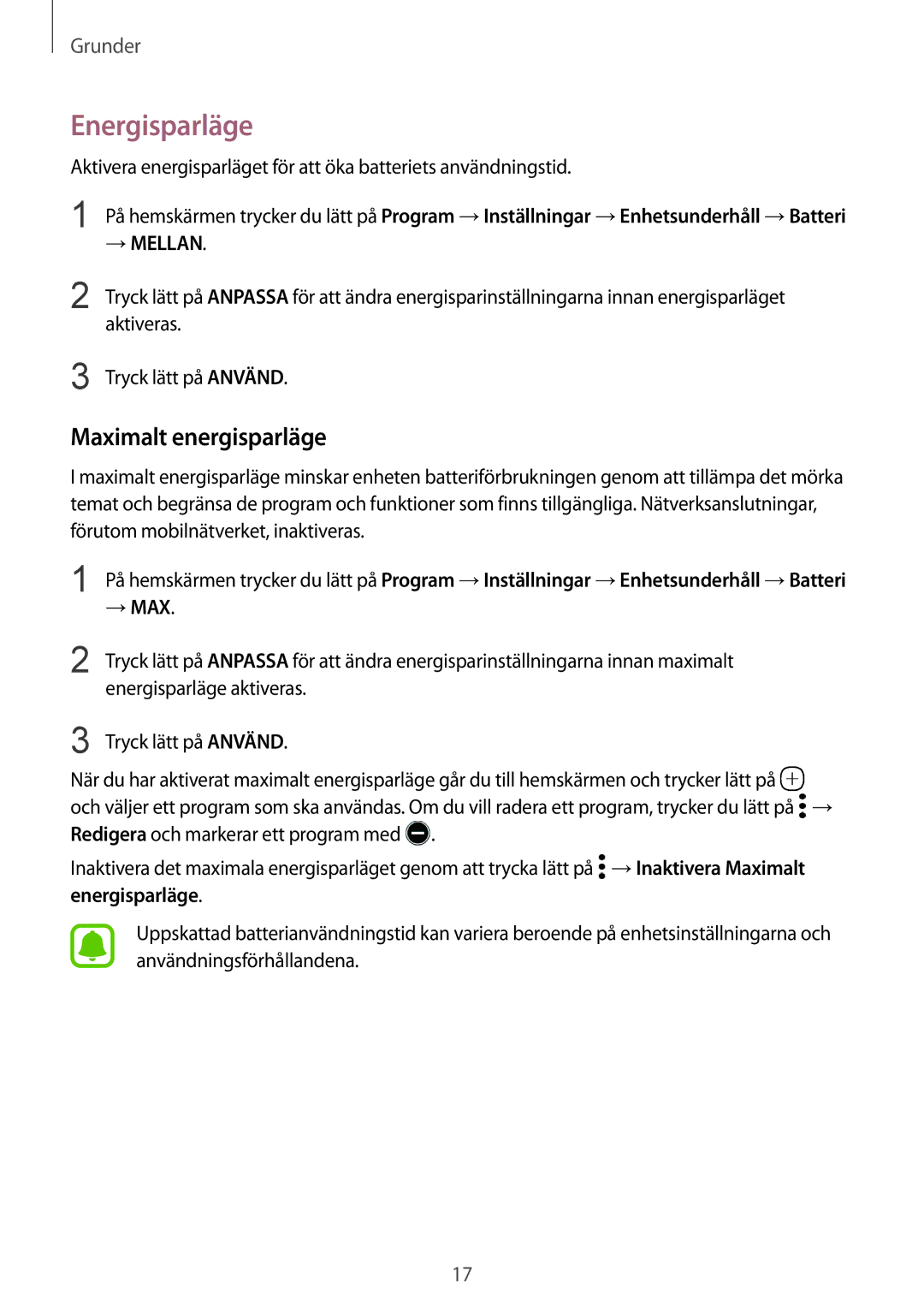 Samsung SM-G920FZDANEE, SM-G920FZBANEE, SM-G920FZWANEE, SM-G920FZKFNEE manual Energisparläge, Maximalt energisparläge 