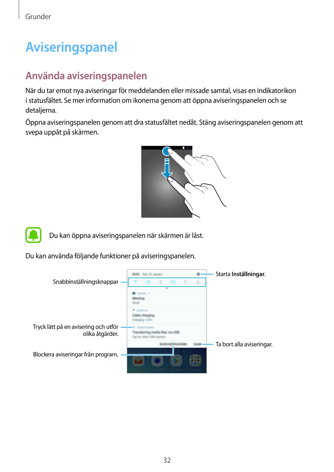 Samsung SM-G920FZKFNEE, SM-G920FZBANEE, SM-G920FZWANEE, SM-G920FZKANEE manual Aviseringspanel, Använda aviseringspanelen 