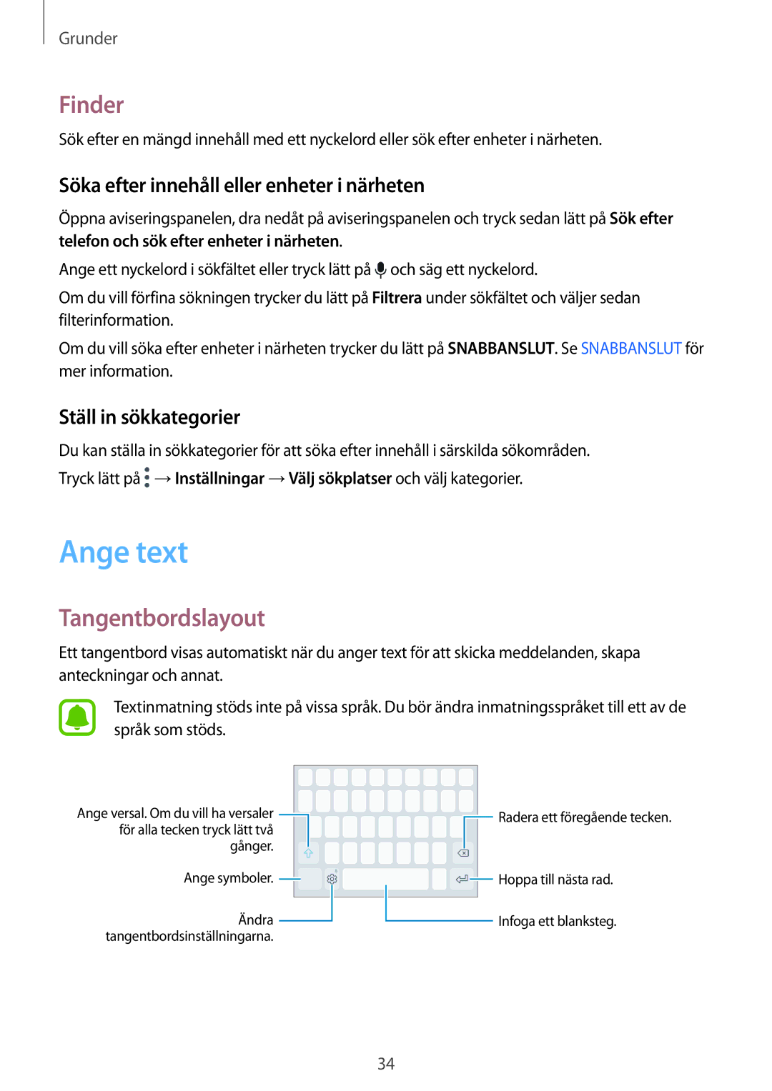 Samsung SM-G920FZWFNEE, SM-G920FZBANEE Ange text, Finder, Tangentbordslayout, Söka efter innehåll eller enheter i närheten 