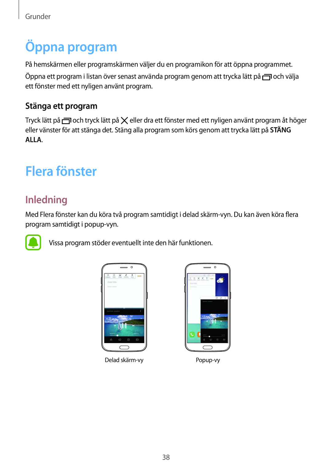 Samsung SM-G920FZKFNEE, SM-G920FZBANEE, SM-G920FZWANEE manual Öppna program, Flera fönster, Inledning, Stänga ett program 