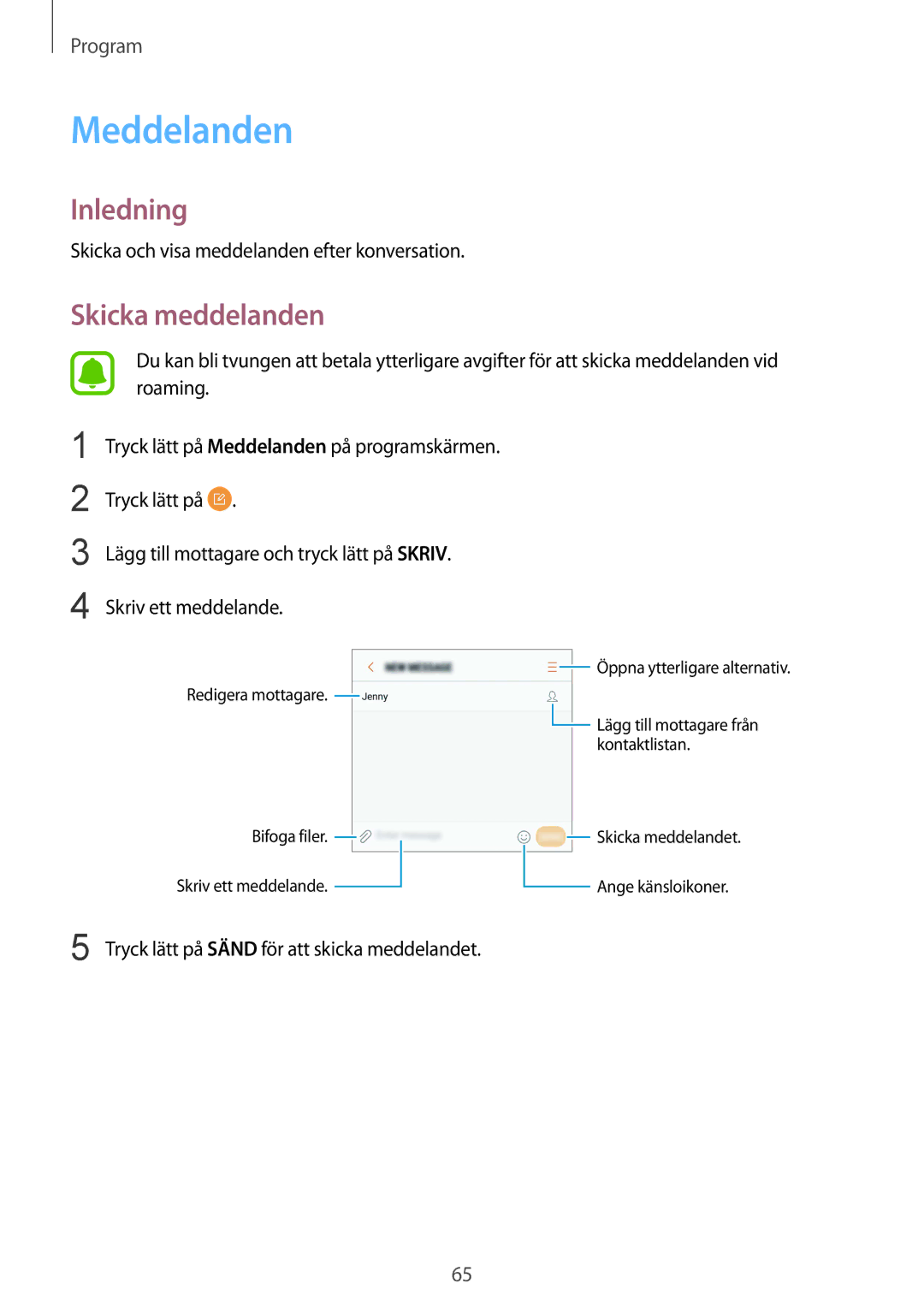 Samsung SM-G920FZDANEE, SM-G920FZBANEE, SM-G920FZWANEE, SM-G920FZKFNEE, SM-G920FZKANEE manual Meddelanden, Skicka meddelanden 