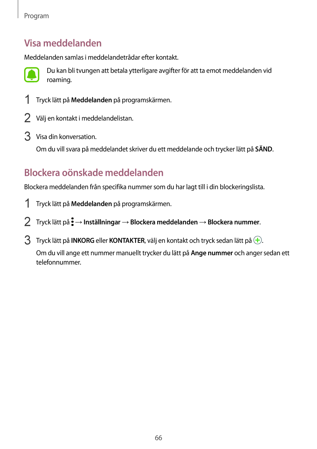 Samsung SM-G920FZBANEE, SM-G920FZWANEE, SM-G920FZKFNEE, SM-G920FZKANEE manual Visa meddelanden, Blockera oönskade meddelanden 