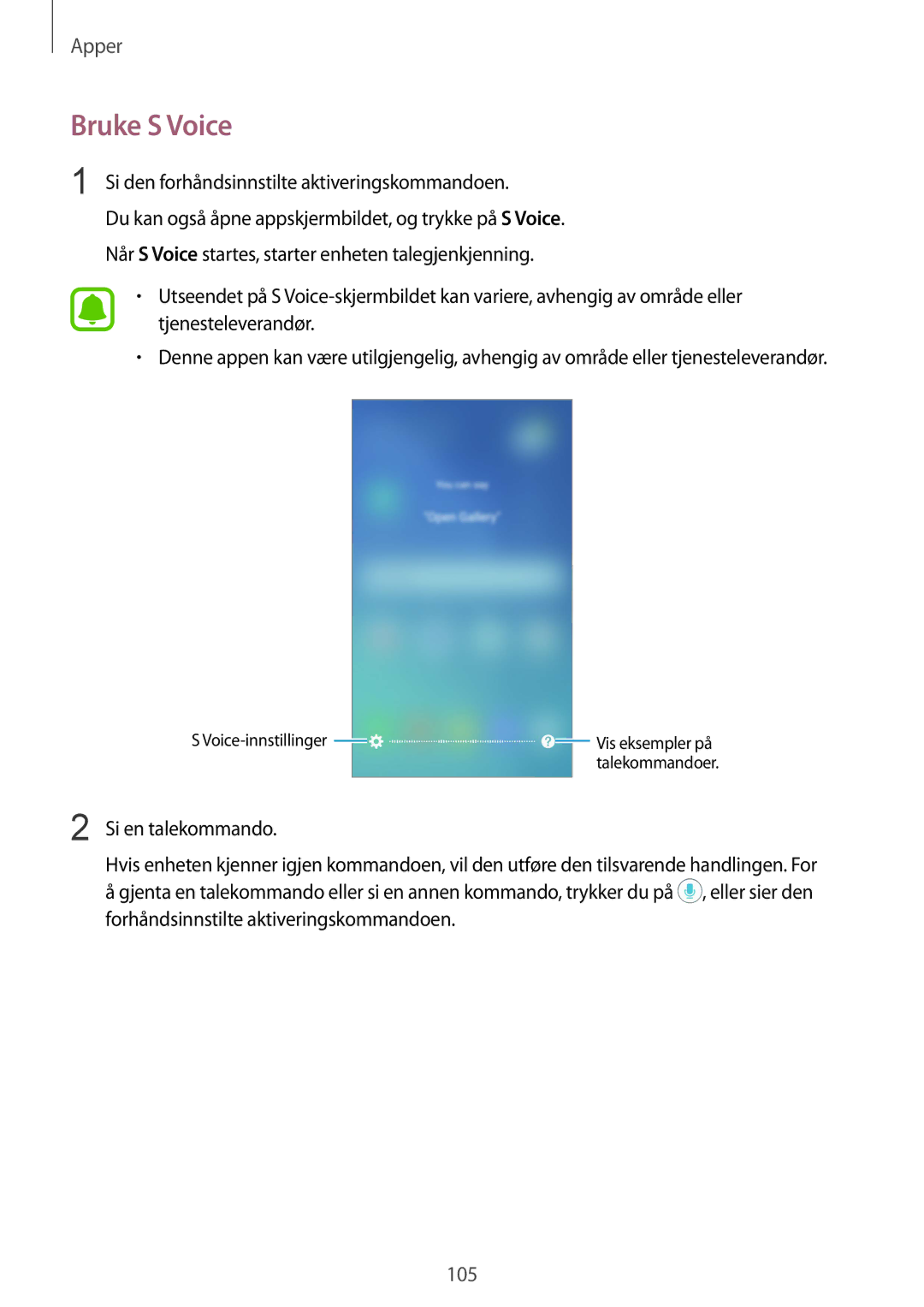 Samsung SM-G920FZKANEE, SM-G920FZBANEE, SM-G920FZWANEE manual Bruke S Voice, Si den forhåndsinnstilte aktiveringskommandoen 