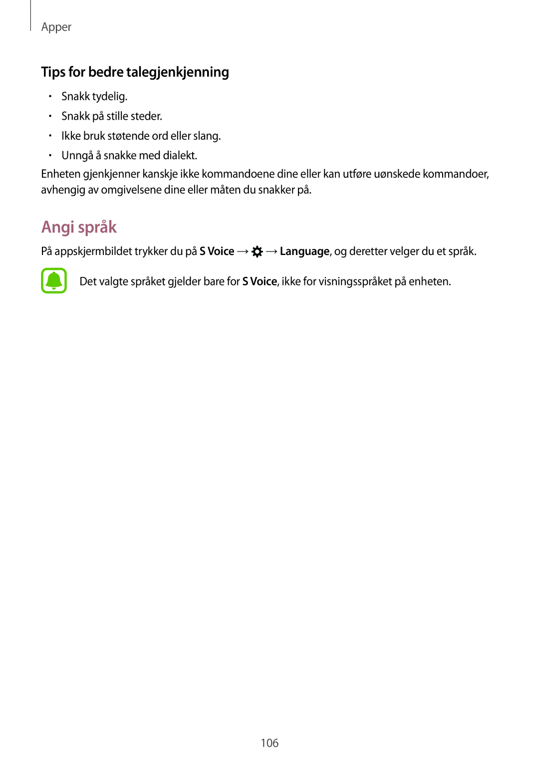 Samsung SM-G920FZWFNEE, SM-G920FZBANEE, SM-G920FZWANEE, SM-G920FZKFNEE manual Angi språk, Tips for bedre talegjenkjenning 