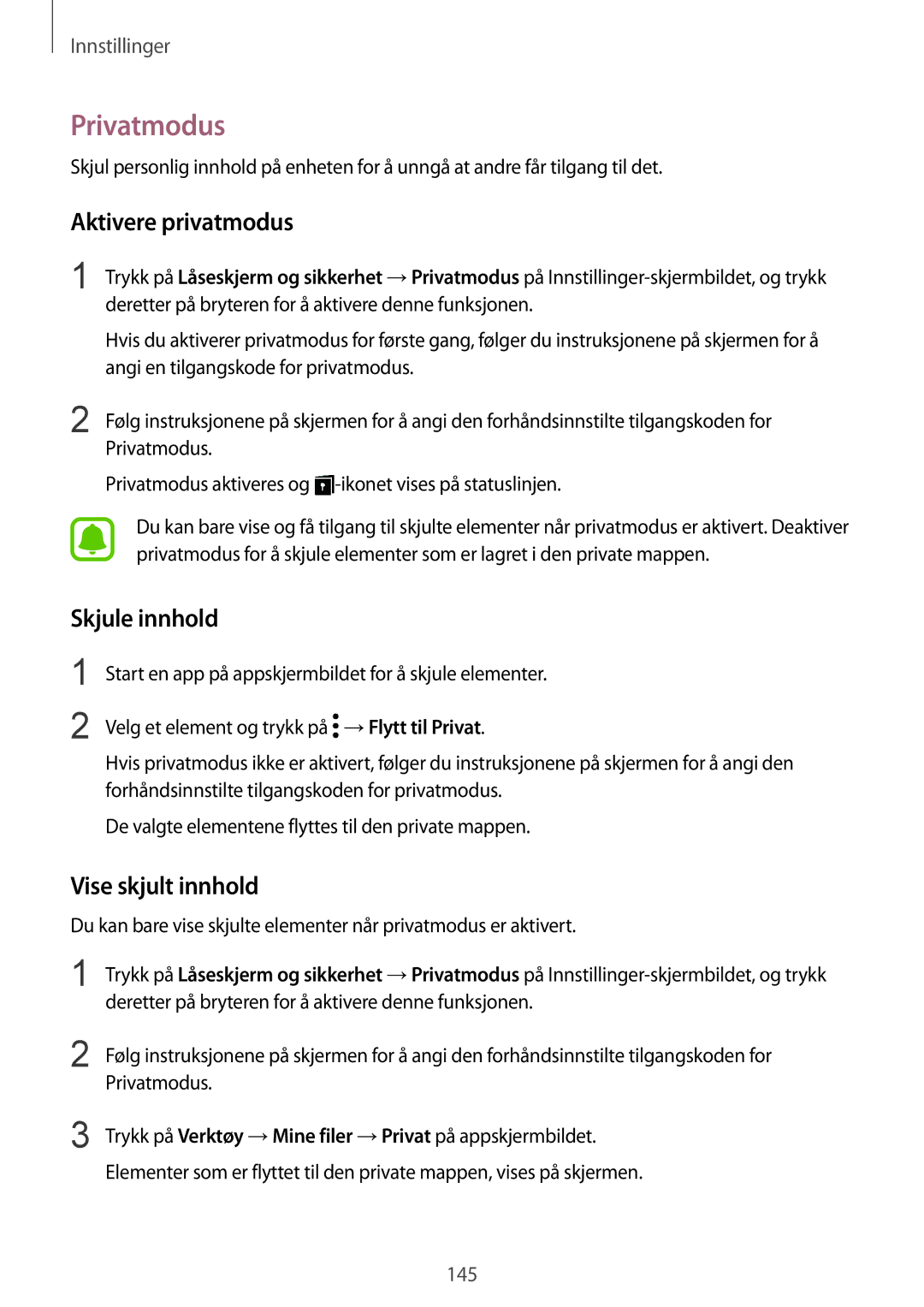 Samsung SM-G920FZWANEE, SM-G920FZBANEE manual Privatmodus, Aktivere privatmodus, Skjule innhold, Vise skjult innhold 
