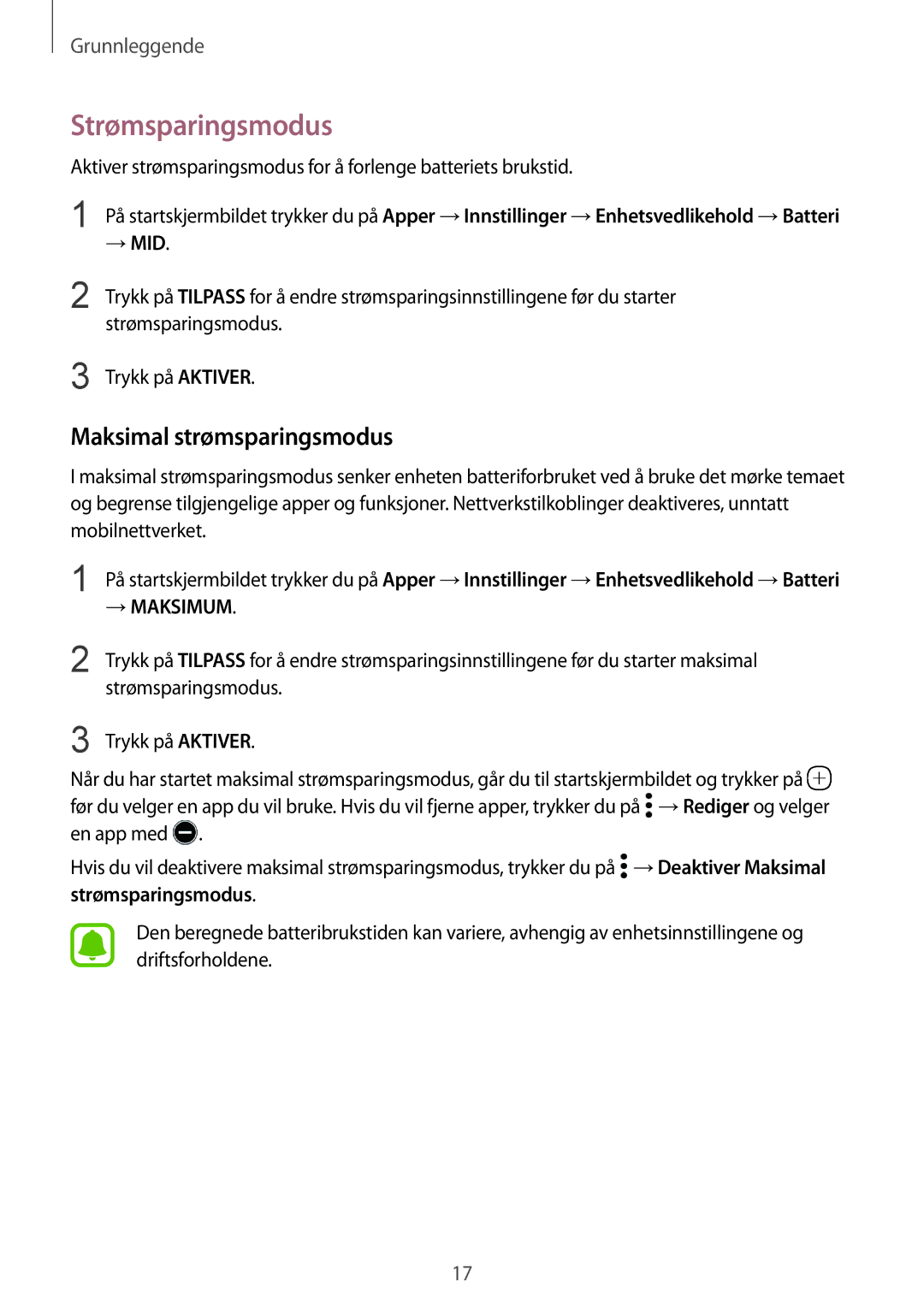 Samsung SM-G920FZDANEE, SM-G920FZBANEE, SM-G920FZWANEE, SM-G920FZKFNEE manual Strømsparingsmodus, Maksimal strømsparingsmodus 