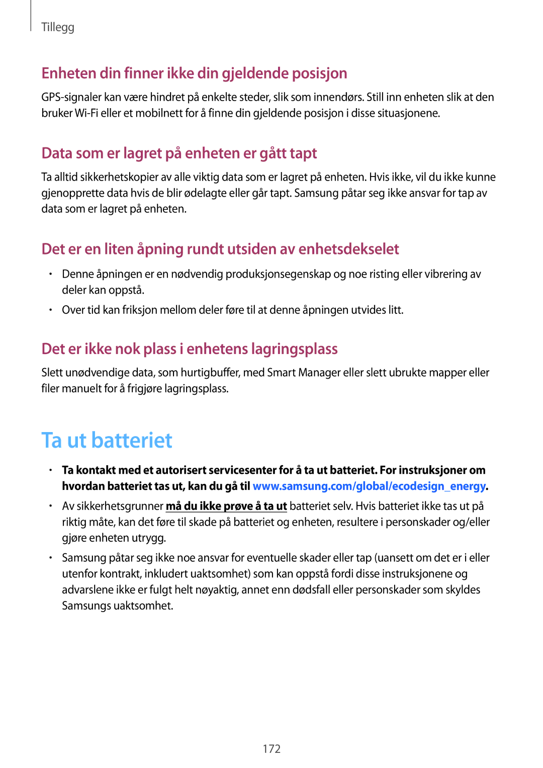 Samsung SM-G920FZWFNEE, SM-G920FZBANEE, SM-G920FZWANEE manual Ta ut batteriet, Enheten din finner ikke din gjeldende posisjon 